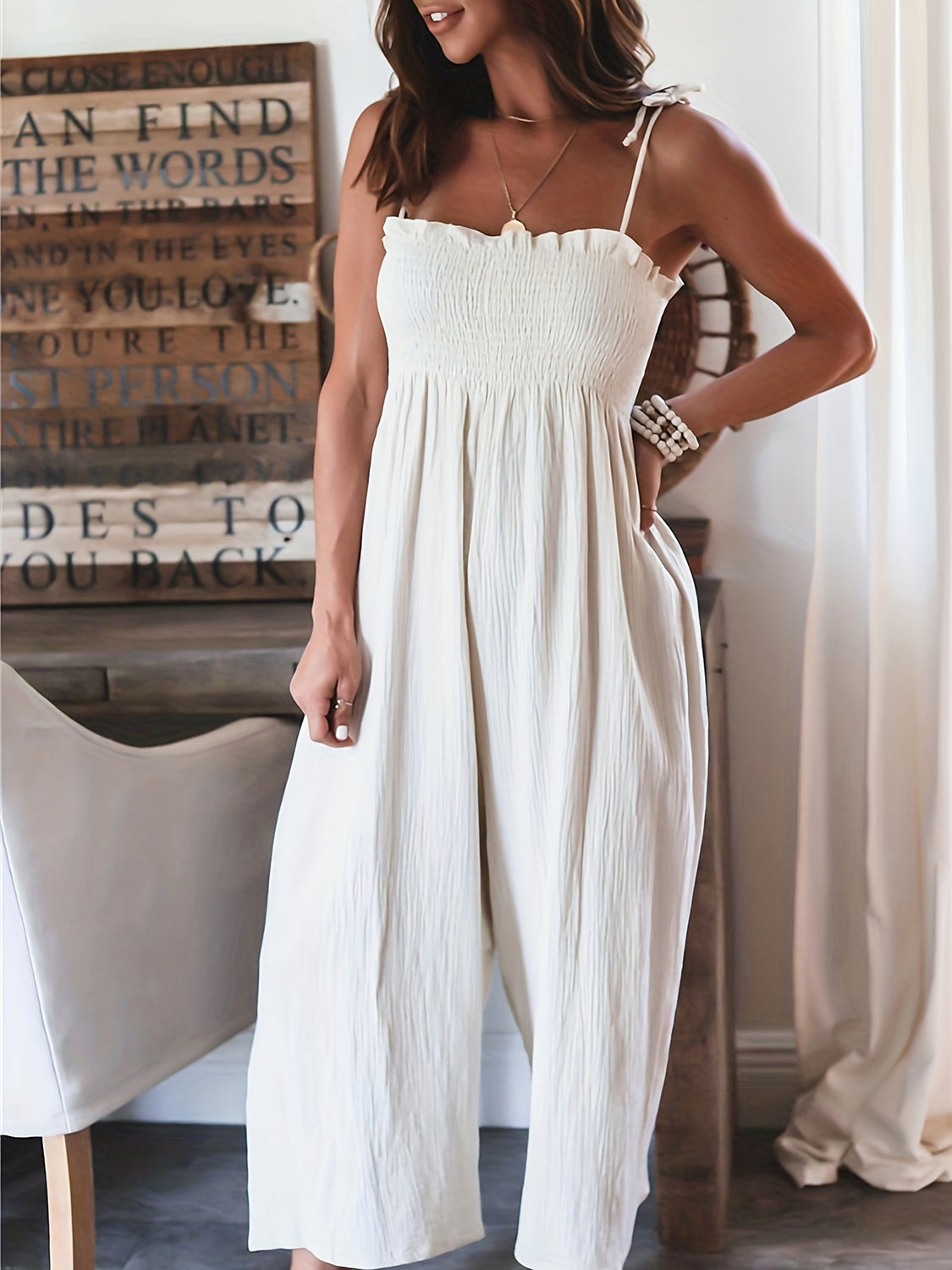 Smocked Spaghetti Strap Wide Leg Jumpsuit