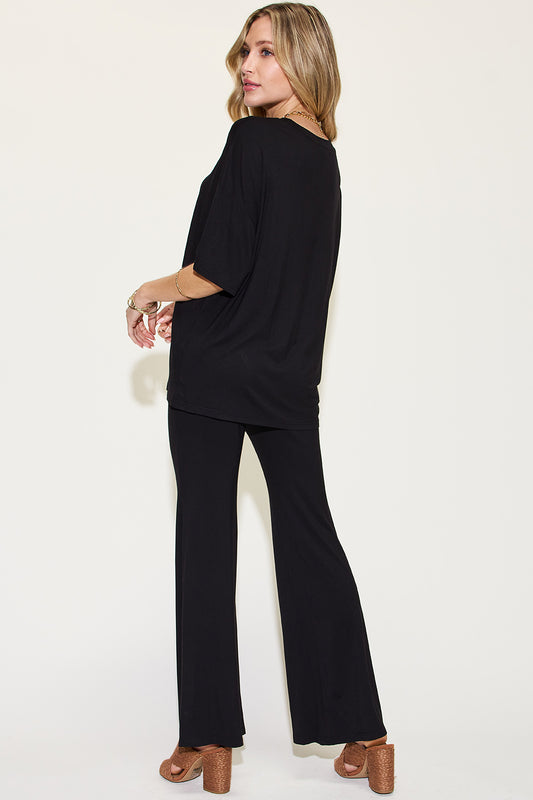 Drop Shoulder T-Top Blouse and Flare Pants Set