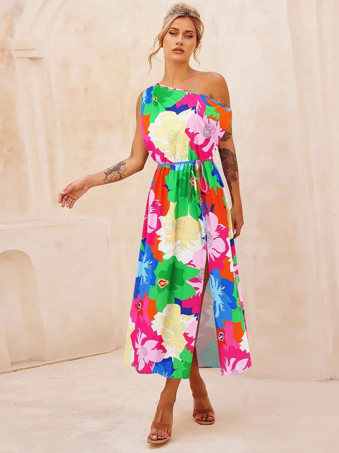 Printed One Shoulder Short Sleeve Dress