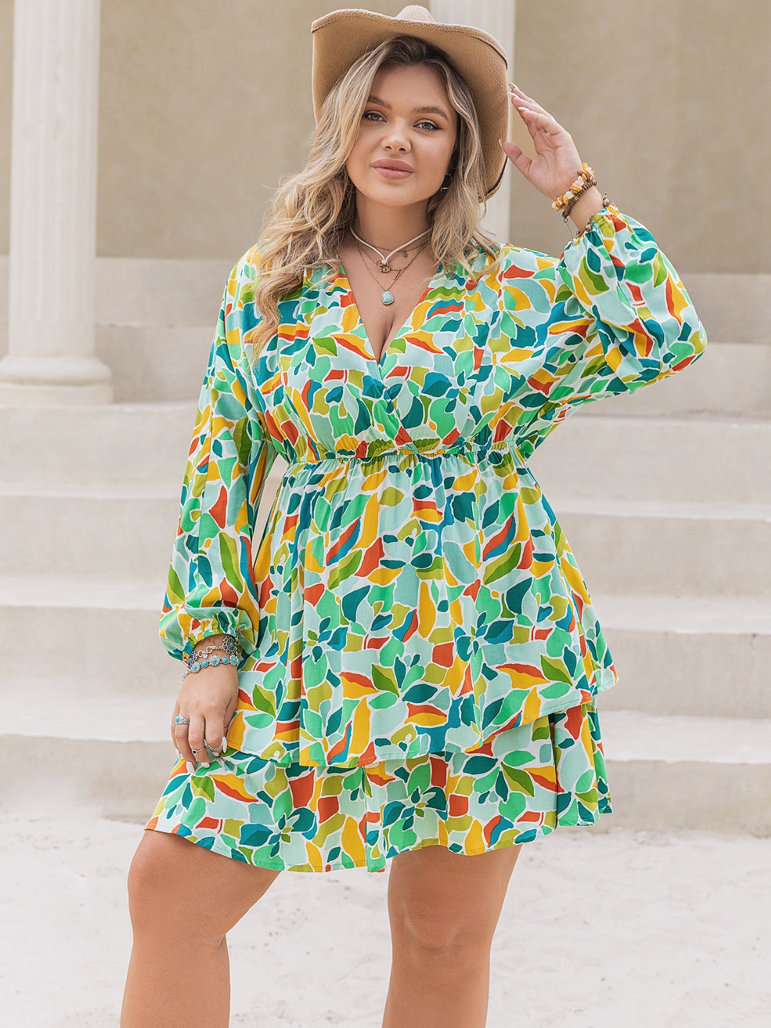 Printed Surplice Long Sleeve Mini Dress