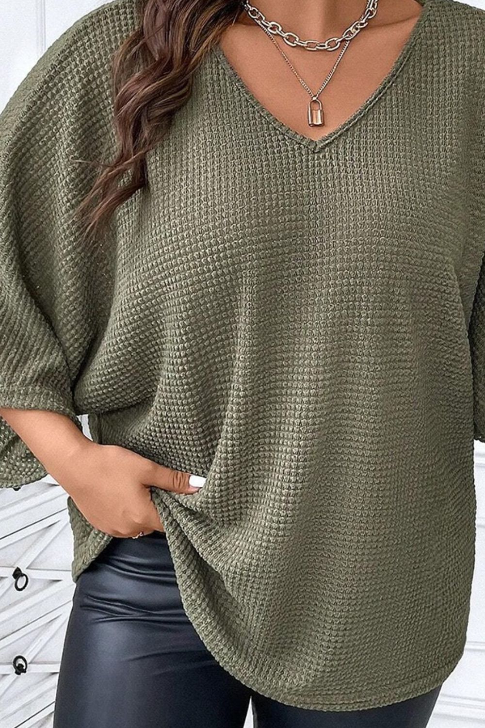 Waffle-Knit V-Neck Blouse