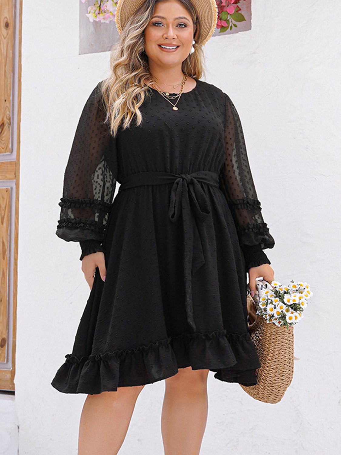 Swiss Dot Round Neck Long Sleeve Dress