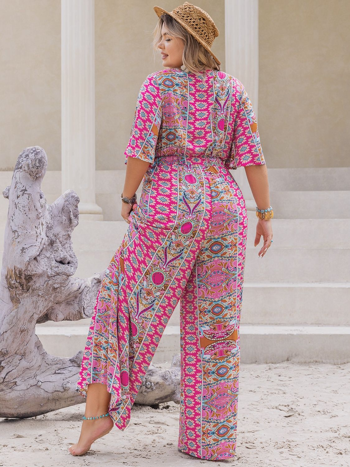 Printed Half Sleeve Wide Leg Jumpsuit