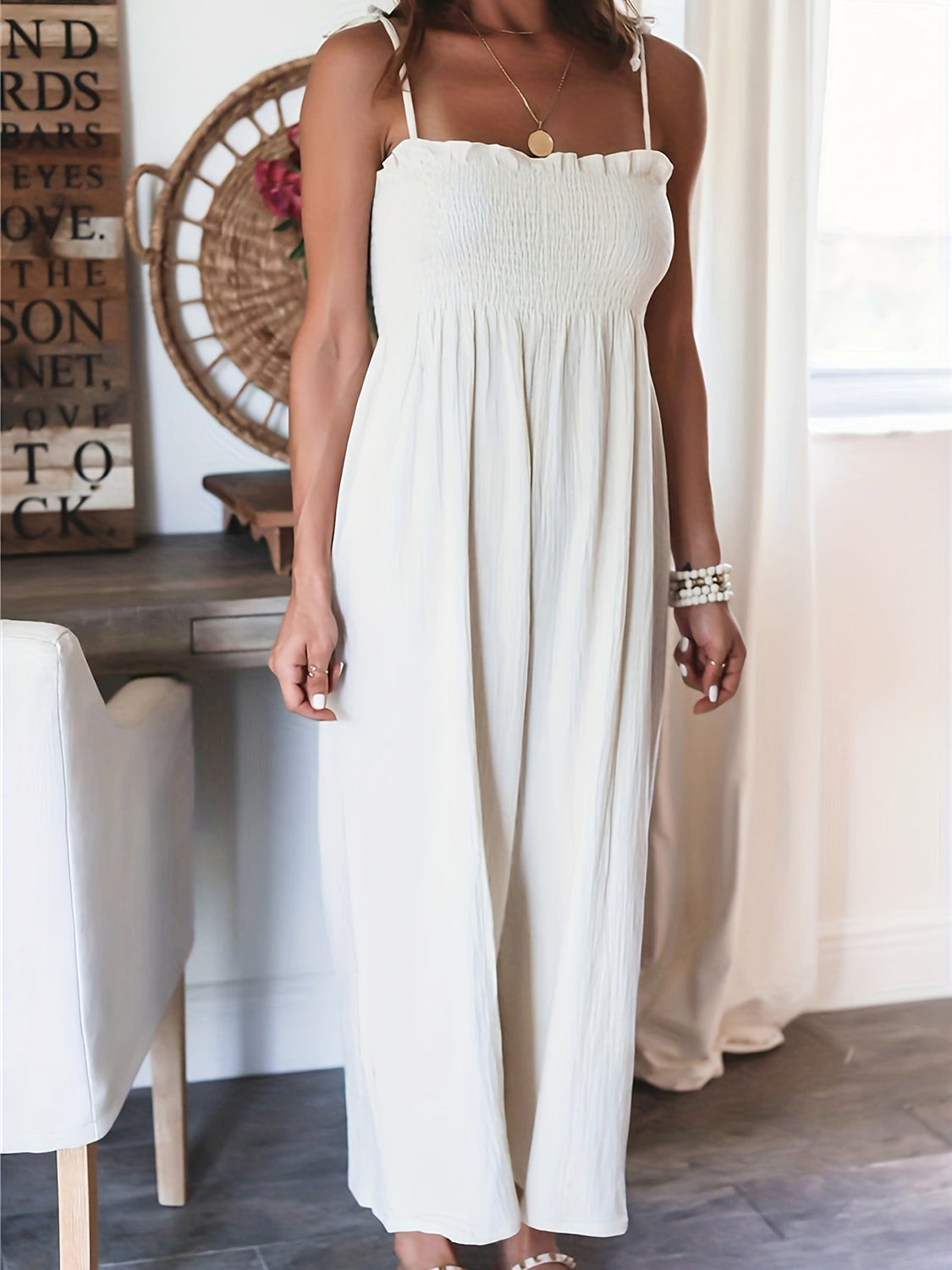 Smocked Spaghetti Strap Wide Leg Jumpsuit