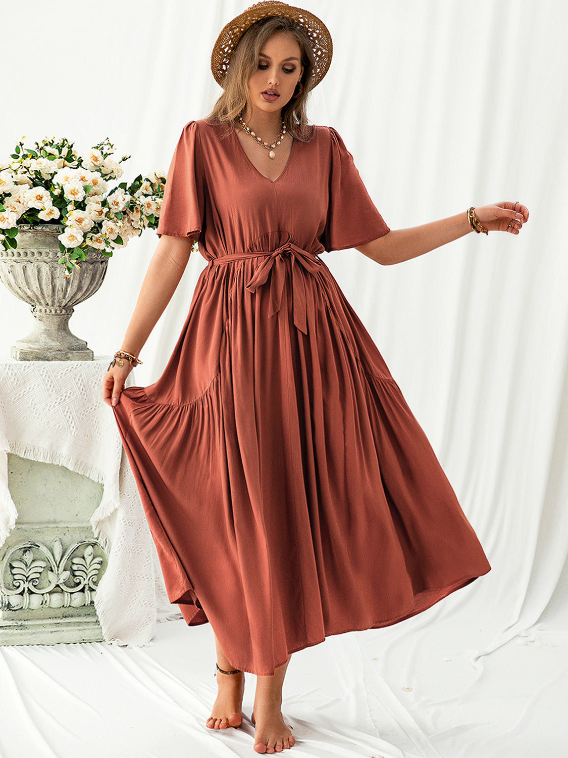 V-Neck Flutter Sleeve Midi Dress