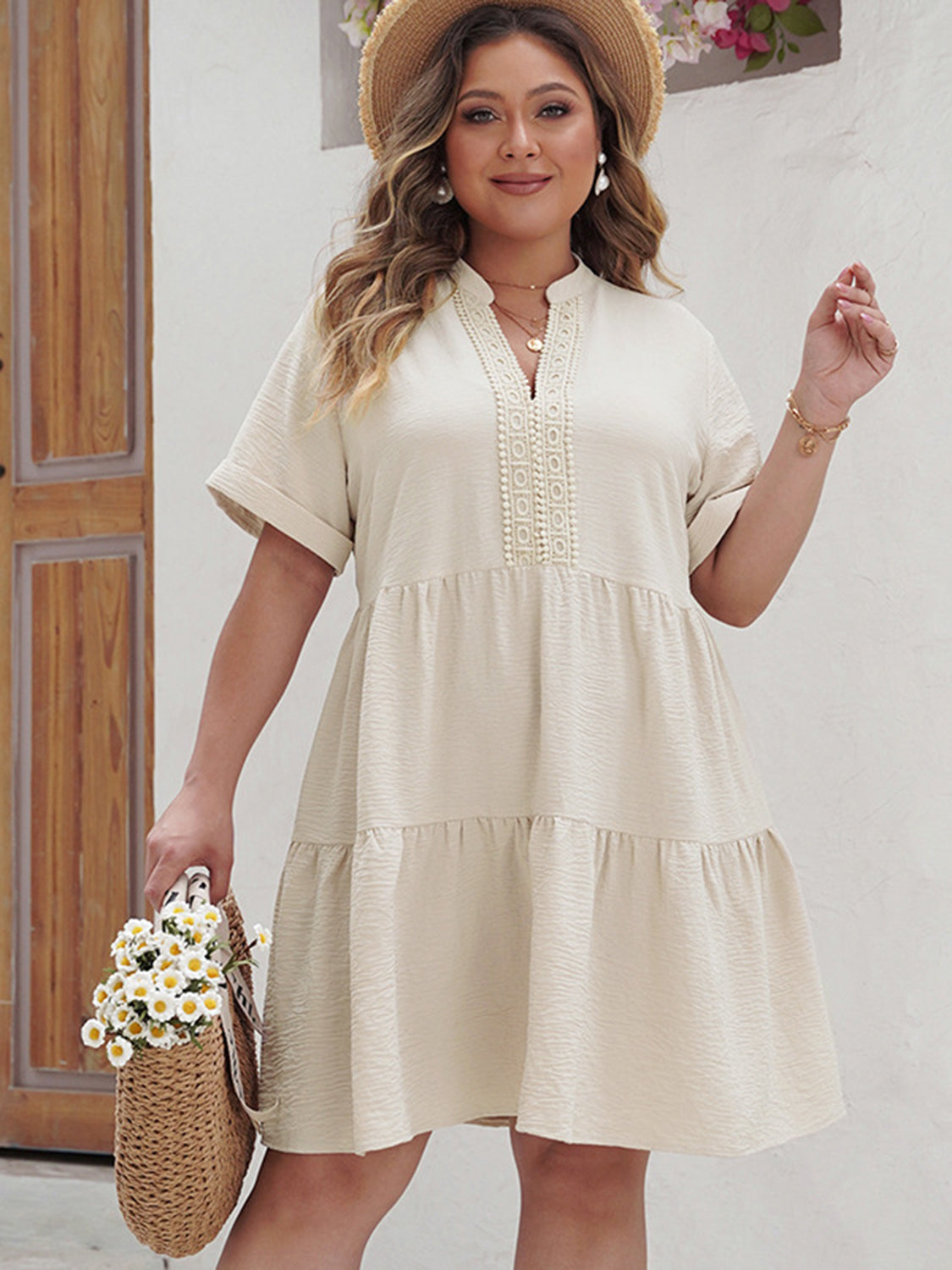 Lace Detail Notched Short Sleeve Dress