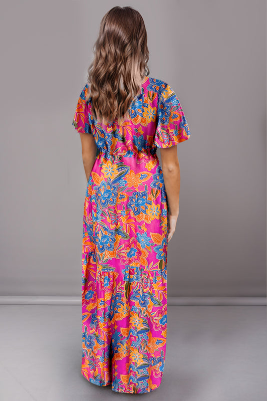 Printed Surplice Short Sleeve Maxi Dress