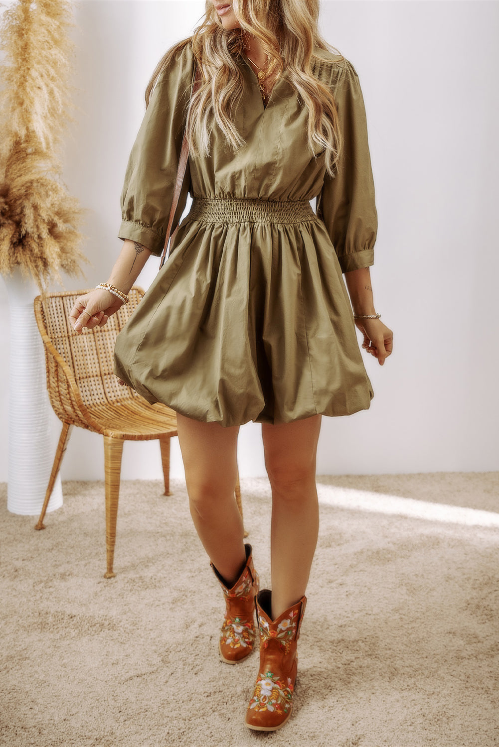 V-Neck Three-Quarter Sleeve Dress