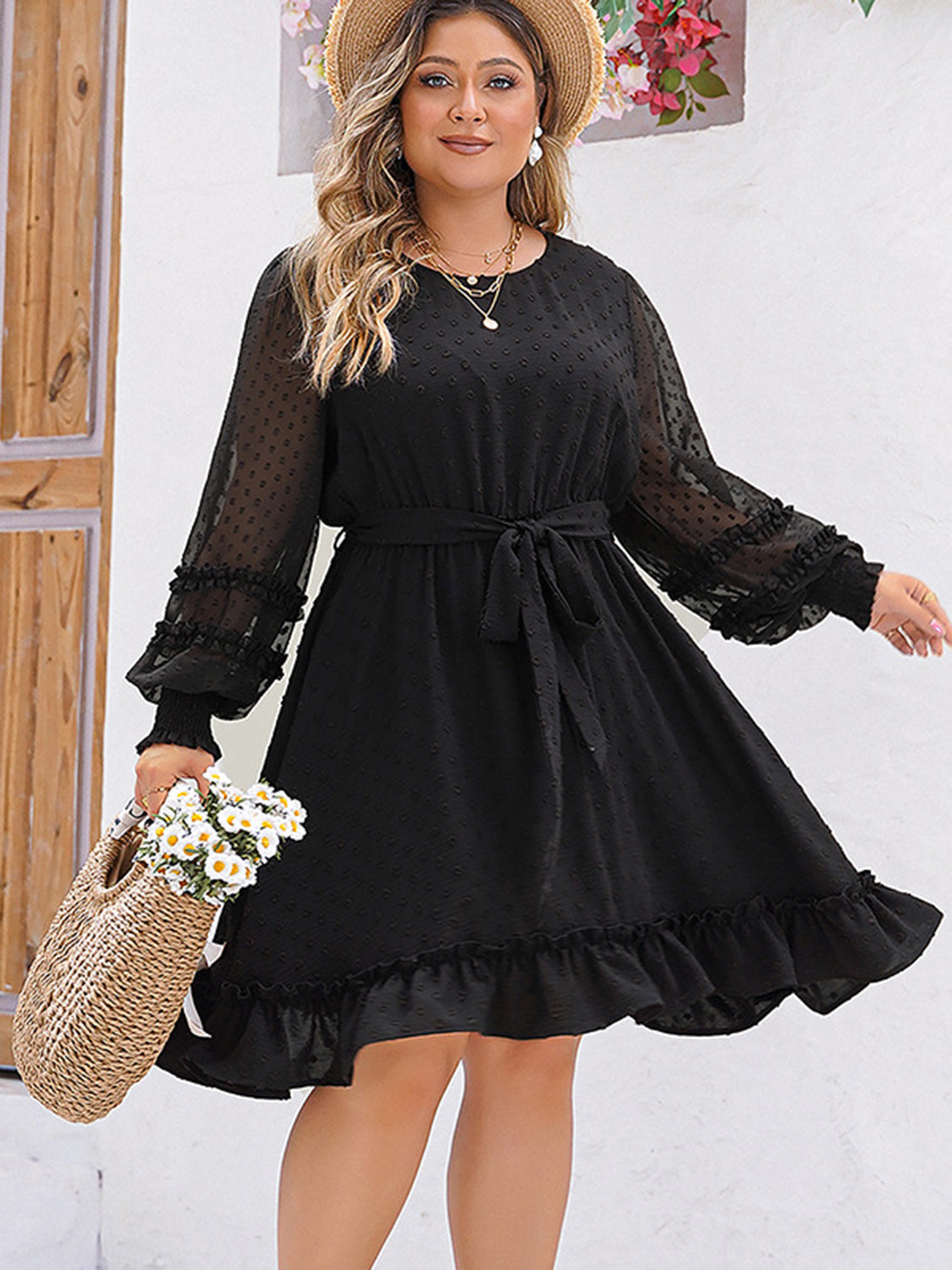 Swiss Dot Round Neck Long Sleeve Dress