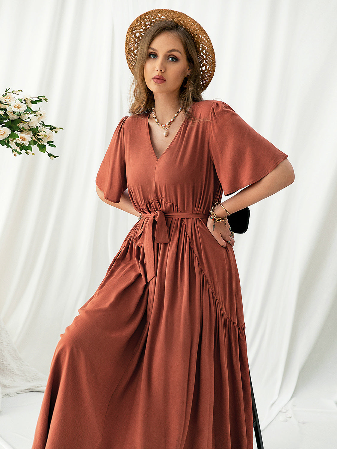 V-Neck Flutter Sleeve Midi Dress