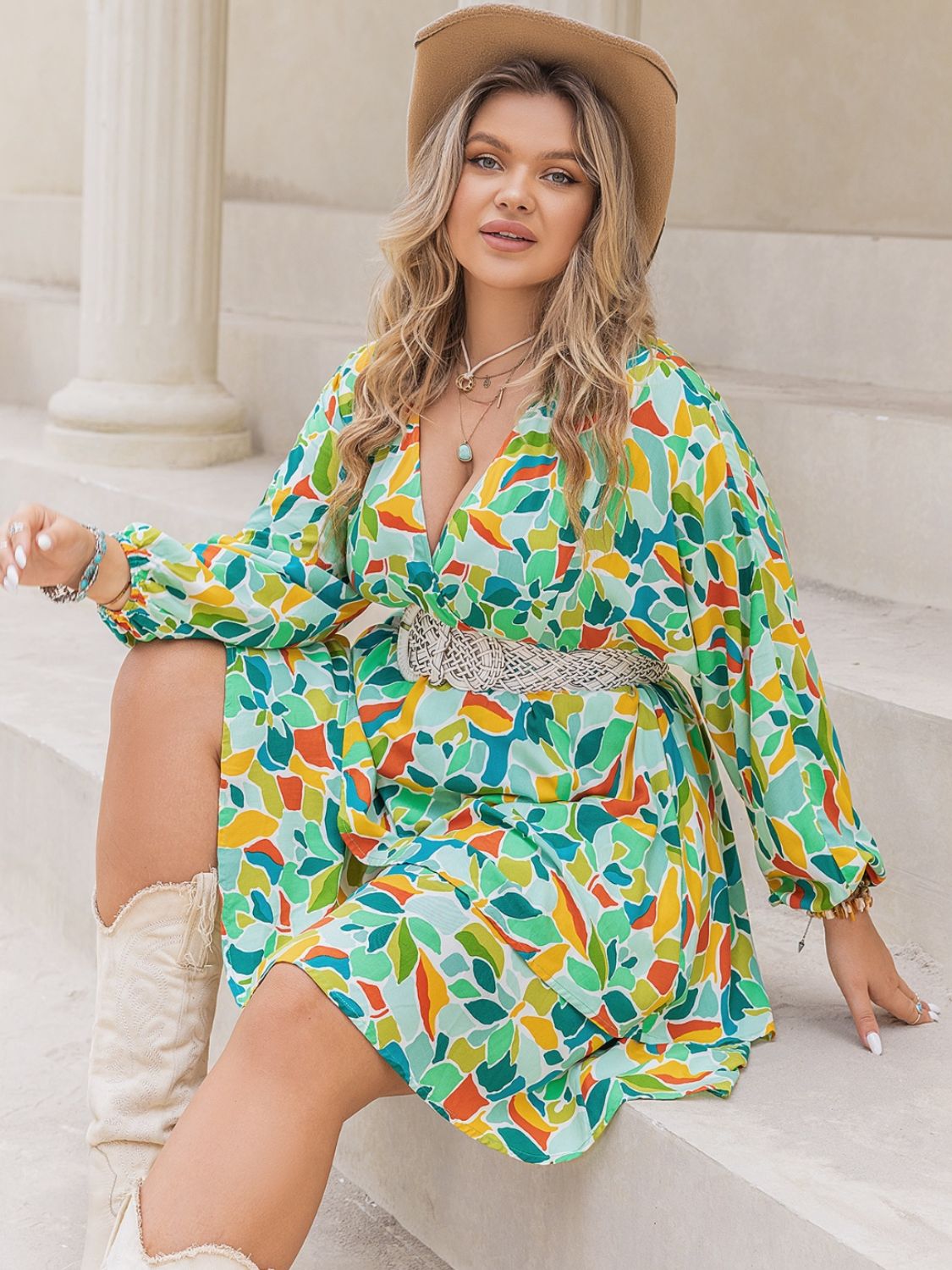 Printed Surplice Long Sleeve Mini Dress