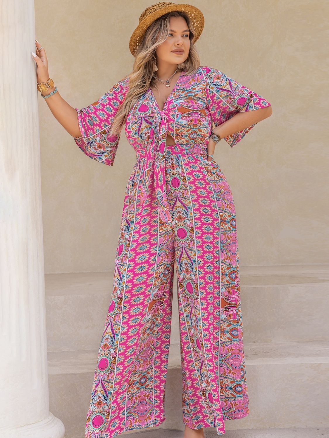 Printed Half Sleeve Wide Leg Jumpsuit