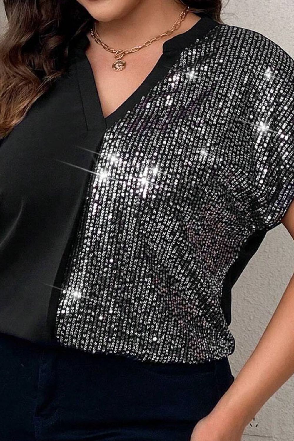 Sequin Notched Short Sleeve T-Shirt