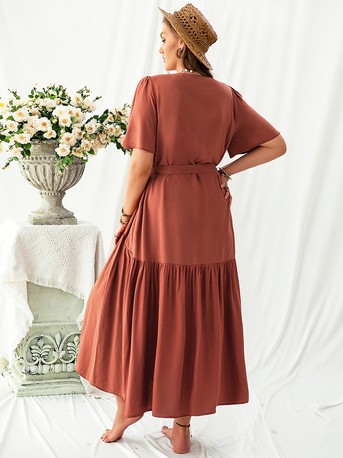 V-Neck Flutter Sleeve Midi Dress