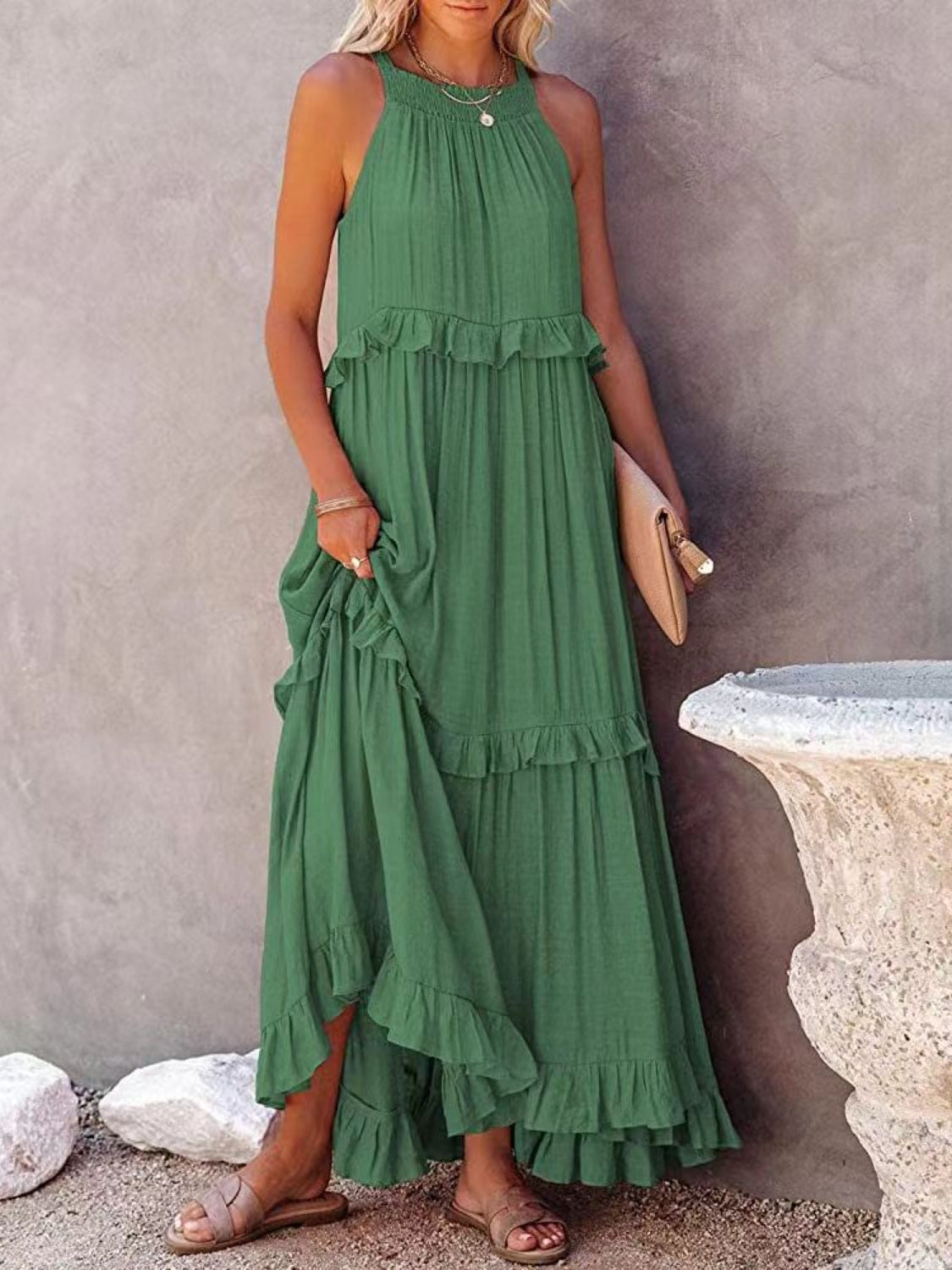 Ruffled Sleeveless Maxi Dress with Pockets