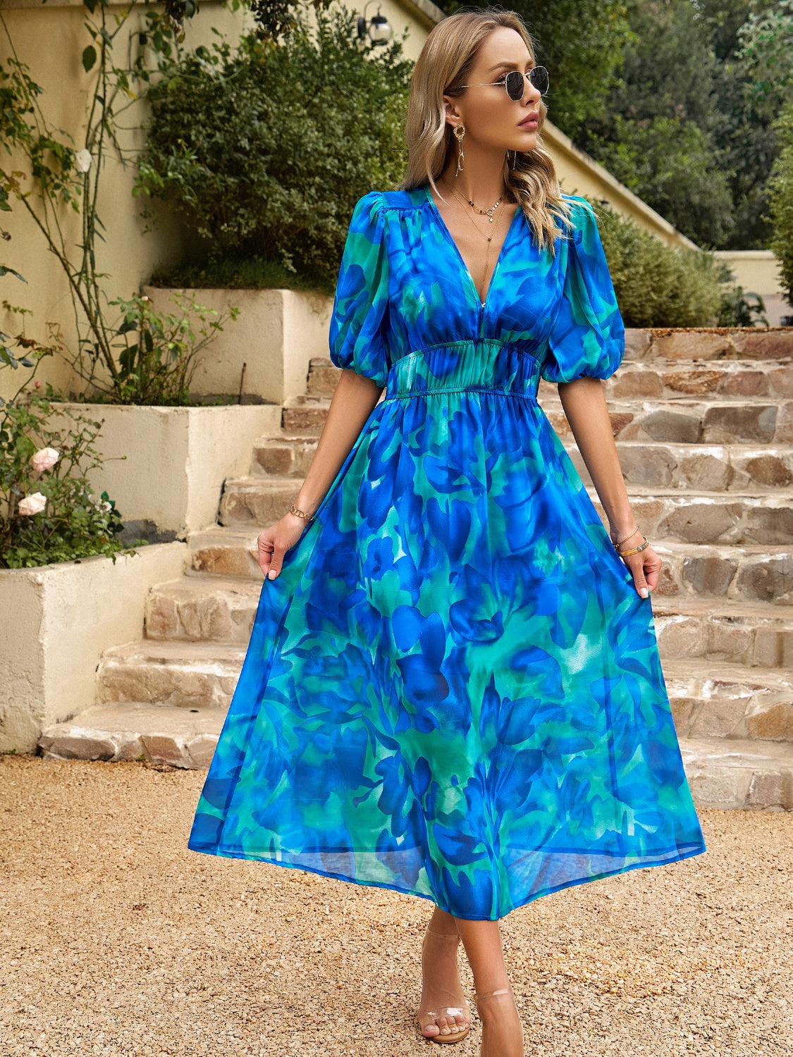 Smocked Printed V-Neck Half Sleeve Midi Dress