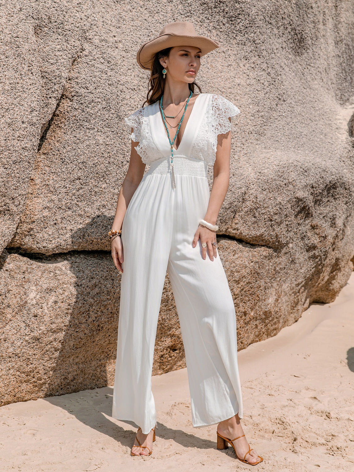 Lace Detail Plunge Cap Sleeve Jumpsuit