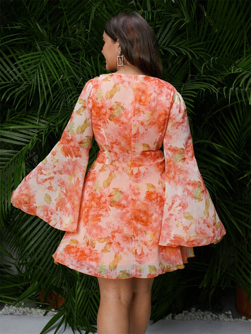 V Neck Flare Sleeve Print Floral Dress