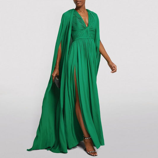 Deep V-Neck High Waist Long Sheer Slit Sleeve Thigh Slit Maxi Dress