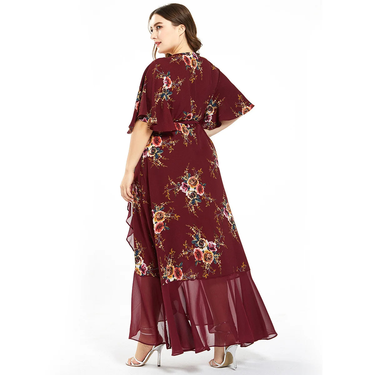 V Neck Short Sleeve Floral Print Ruffle Maxi Long Wrap Dress