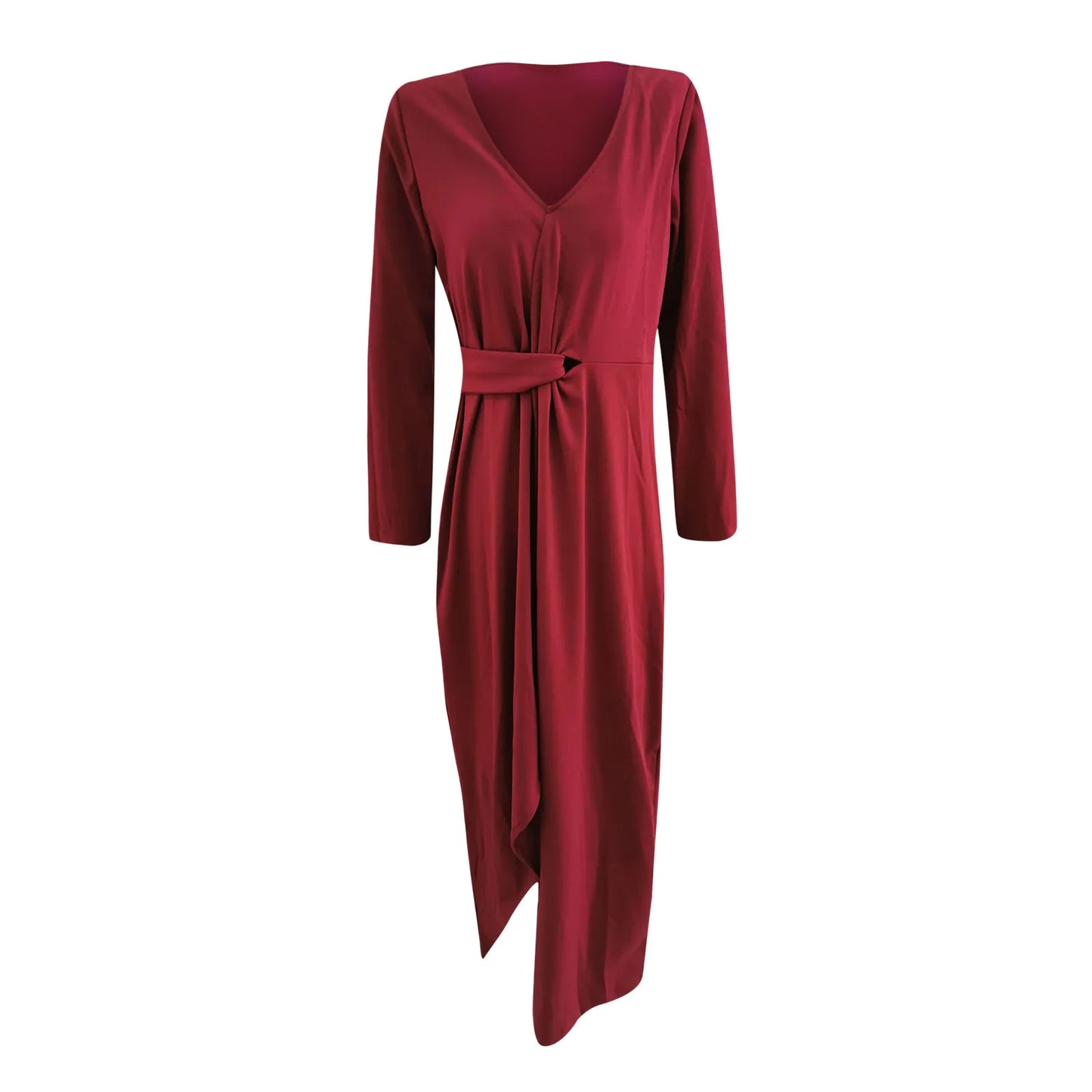 V Neck Long Sleeve Tie Knot High Slit Maxi Dress