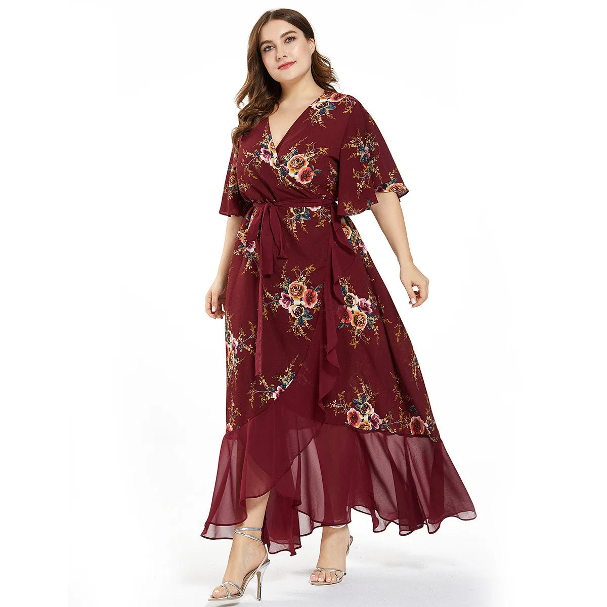 V Neck Short Sleeve Floral Print Ruffle Maxi Long Wrap Dress