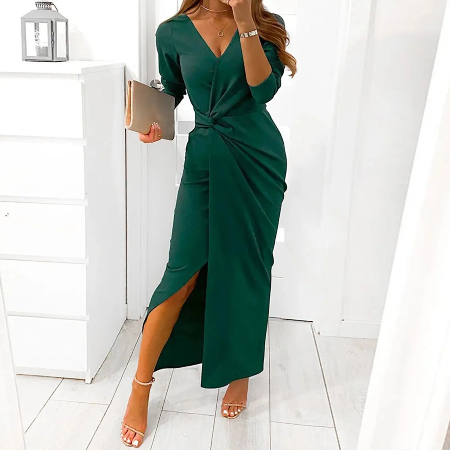 V Neck Long Sleeve Tie Knot High Slit Maxi Dress