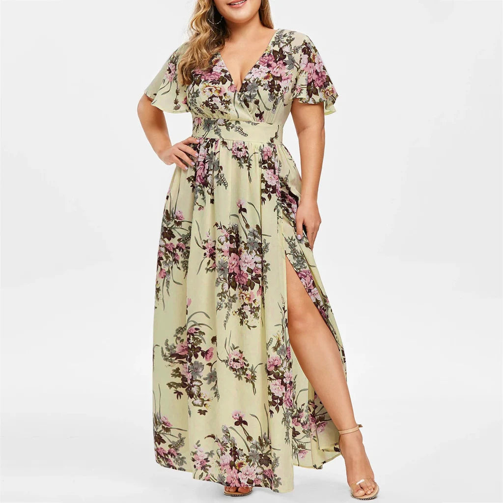 V Neck Floral Print Short Sleeve Slit Dress