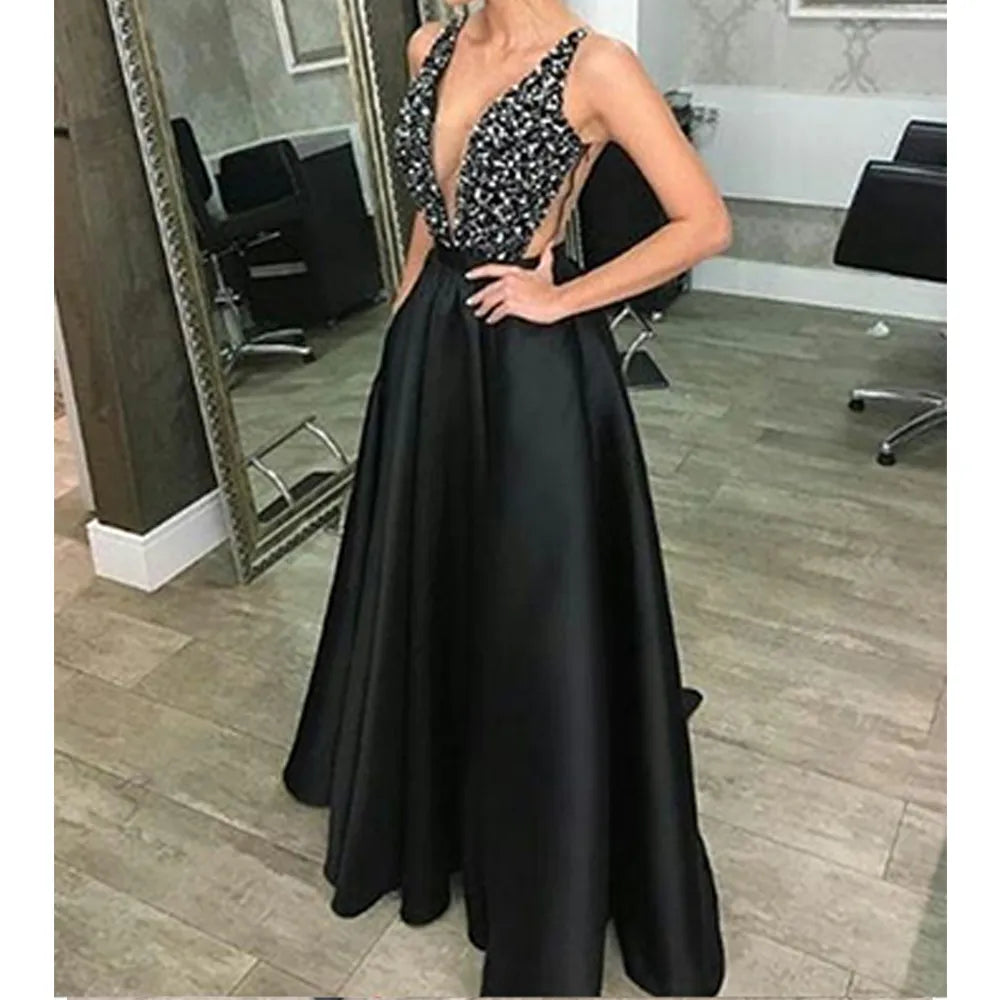 Elegant Vintage V-Neck Beaded Long Backless Evening Sequins Dress