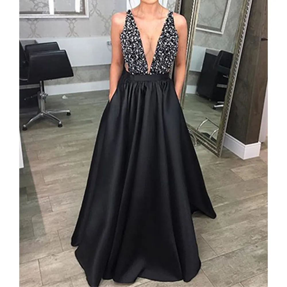 Elegant Vintage V-Neck Beaded Long Backless Evening Sequins Dress