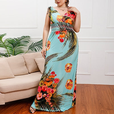 Sleeveless V-neck Printed Maxi Dress