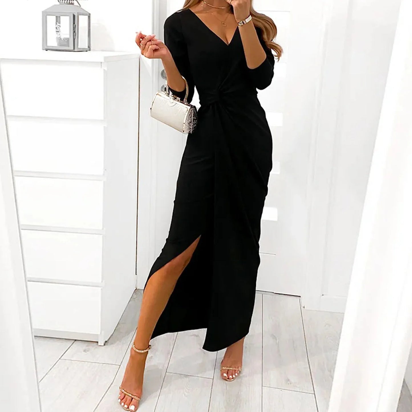 V Neck Long Sleeve Tie Knot High Slit Maxi Dress