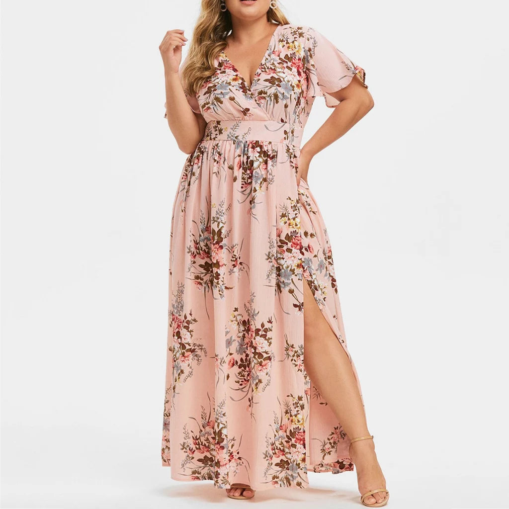 V Neck Floral Print Short Sleeve Slit Dress