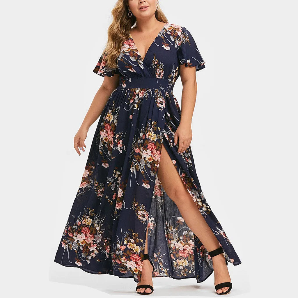 V Neck Floral Print Short Sleeve Slit Dress