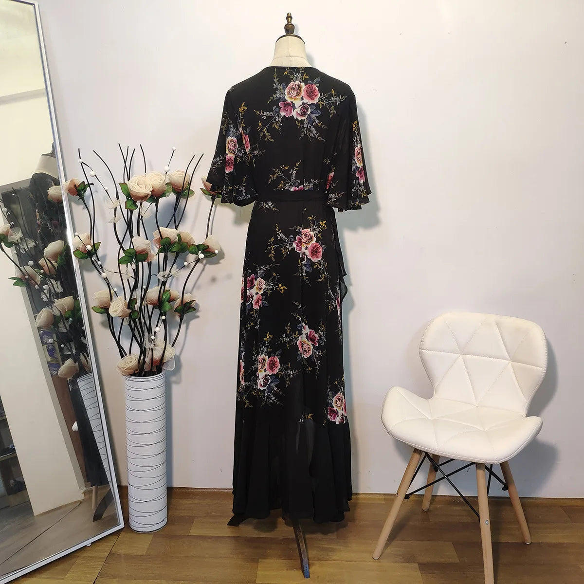 V Neck Short Sleeve Floral Print Ruffle Maxi Long Wrap Dress