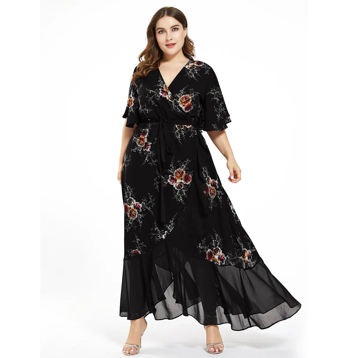 V Neck Short Sleeve Floral Print Ruffle Maxi Long Wrap Dress