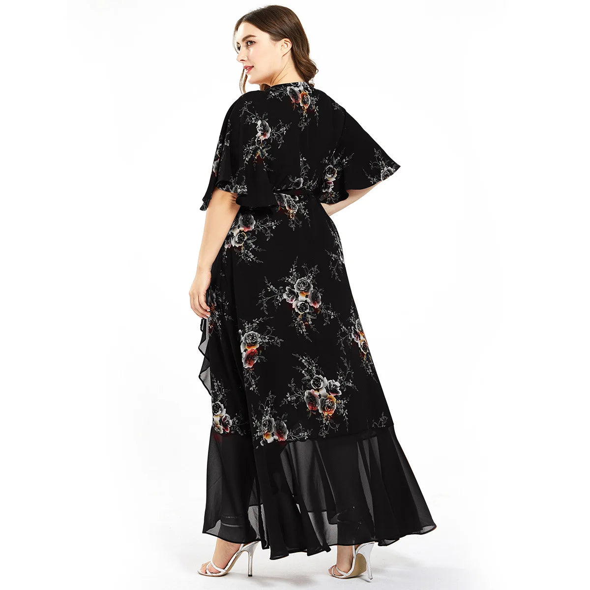 V Neck Short Sleeve Floral Print Ruffle Maxi Long Wrap Dress