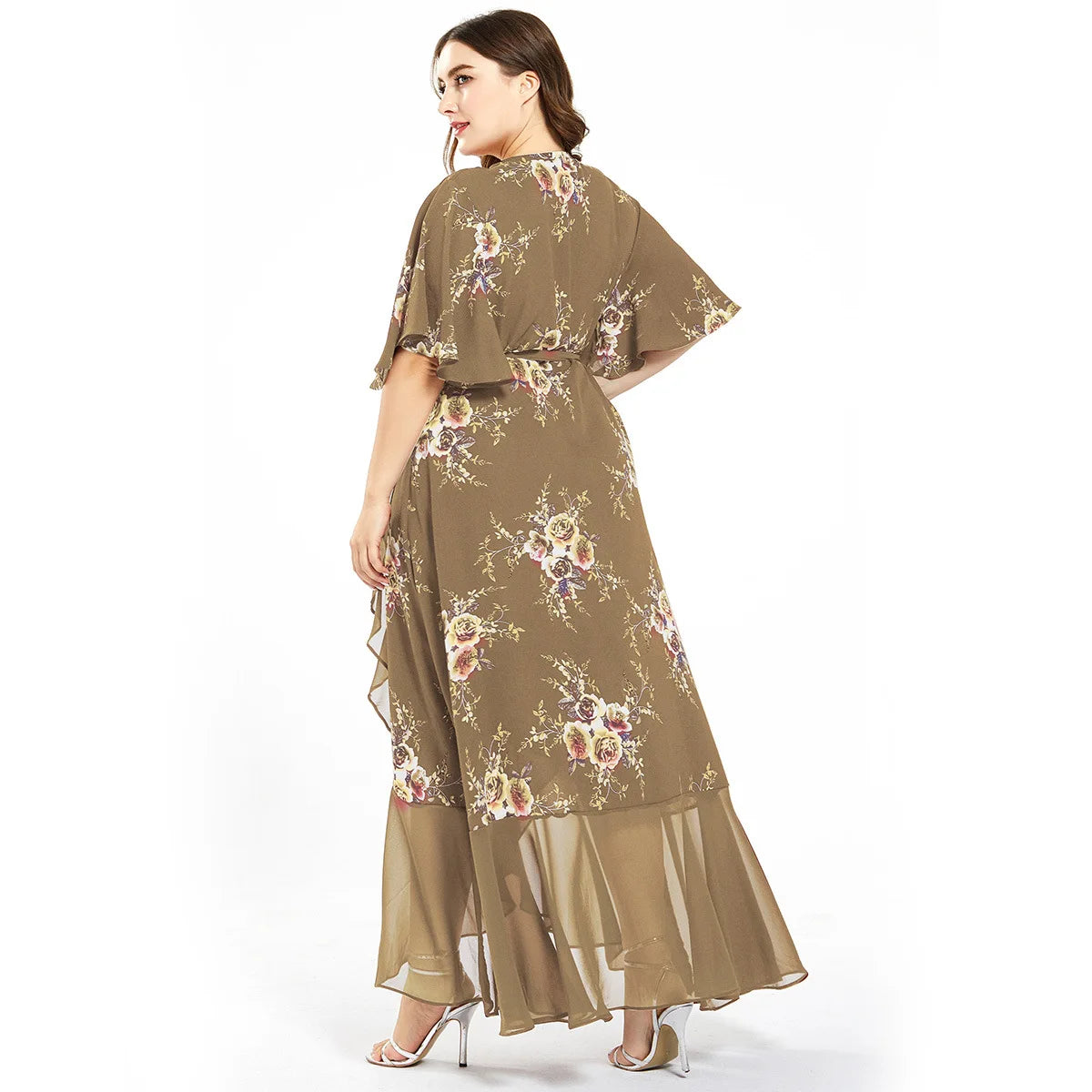 V Neck Short Sleeve Floral Print Ruffle Maxi Long Wrap Dress