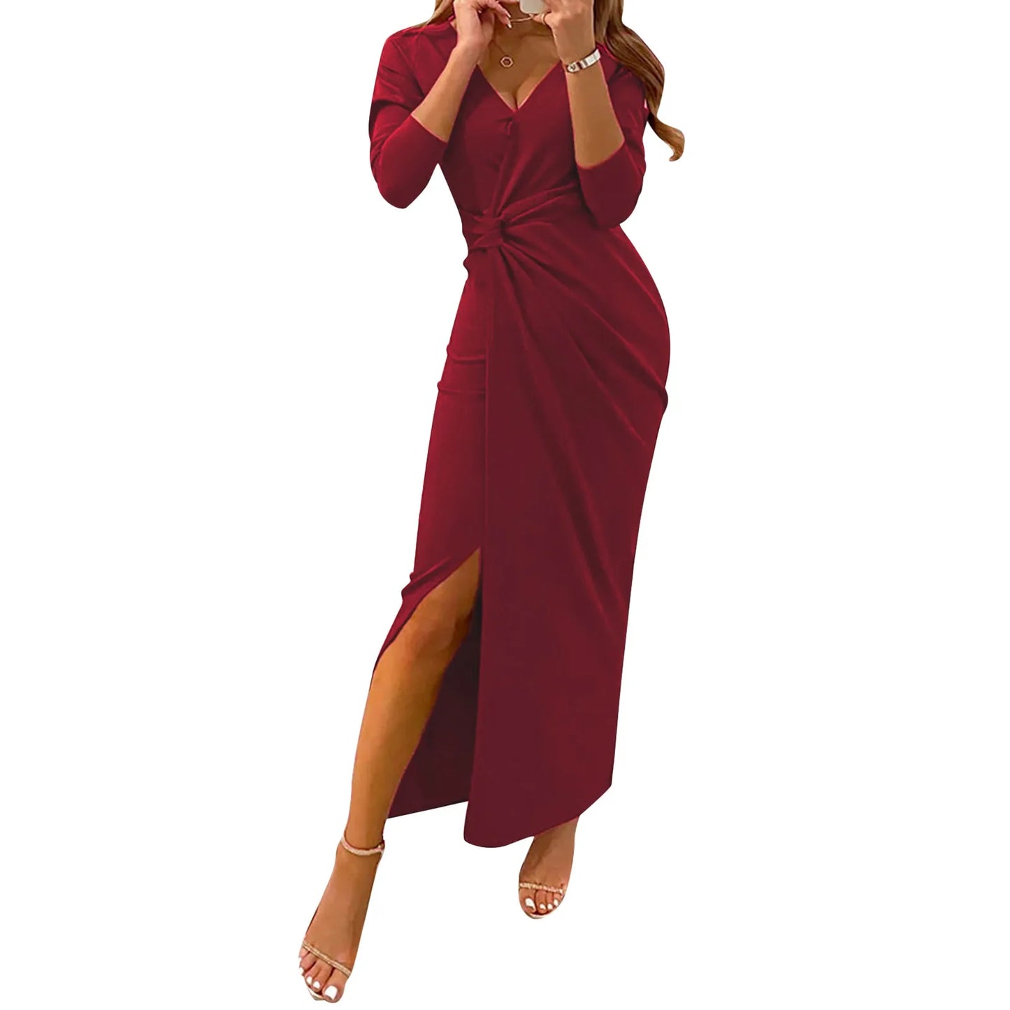 V Neck Long Sleeve Tie Knot High Slit Maxi Dress