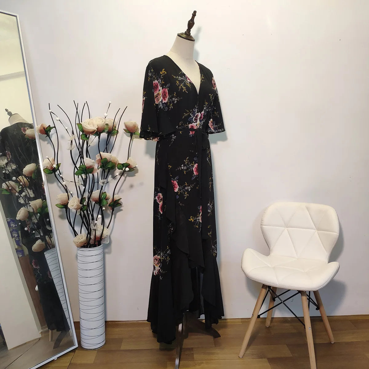 V Neck Short Sleeve Floral Print Ruffle Maxi Long Wrap Dress