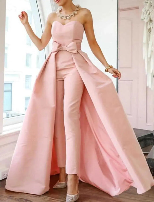 Evening Sweetheart Sleeveless Detachable Bow Train Jumpsuit