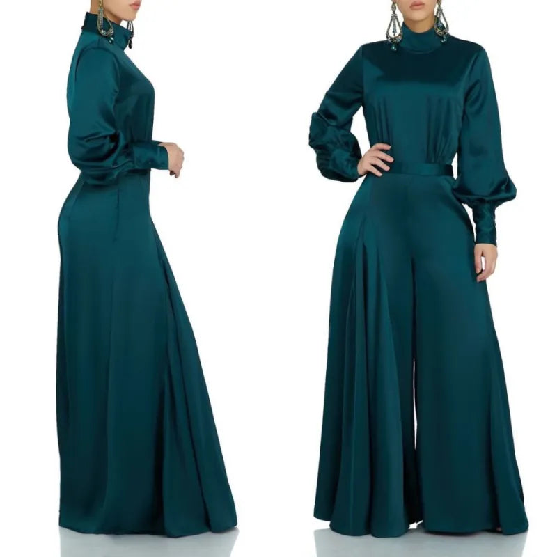 Long Sleeve Bell Pants Satin High Waist Jumpsuit