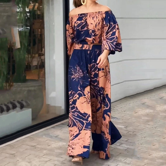 Two Piece Printed Off Shoulder Lantern Sleeve Top And Loose Wide Leg Pants Set