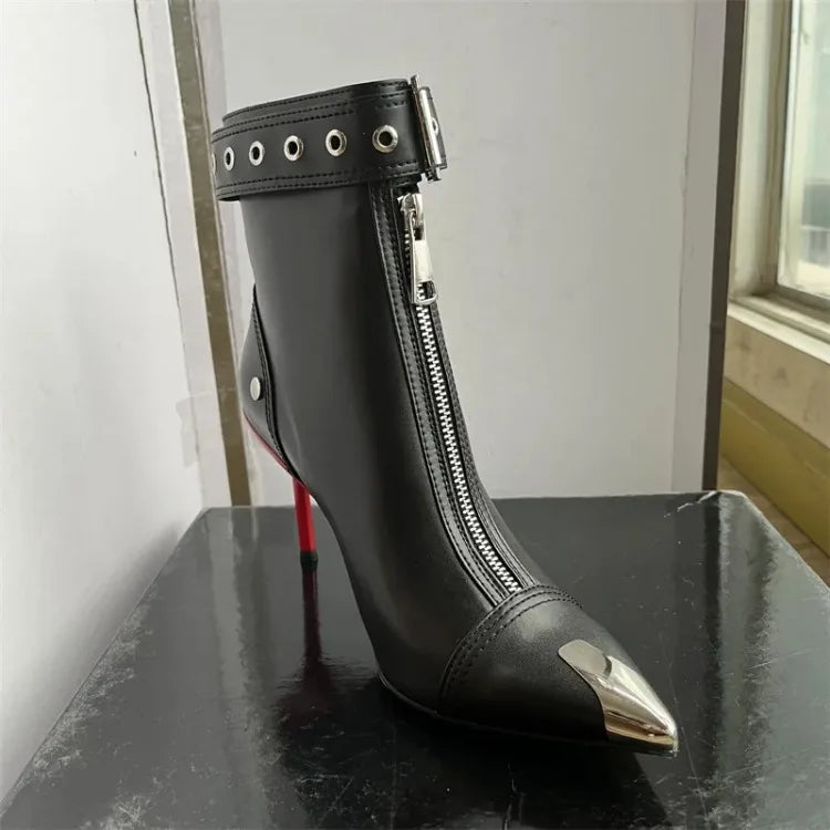 Belt Buckle Front Zipper Short Pointed Toe High Heels Ankle Boots