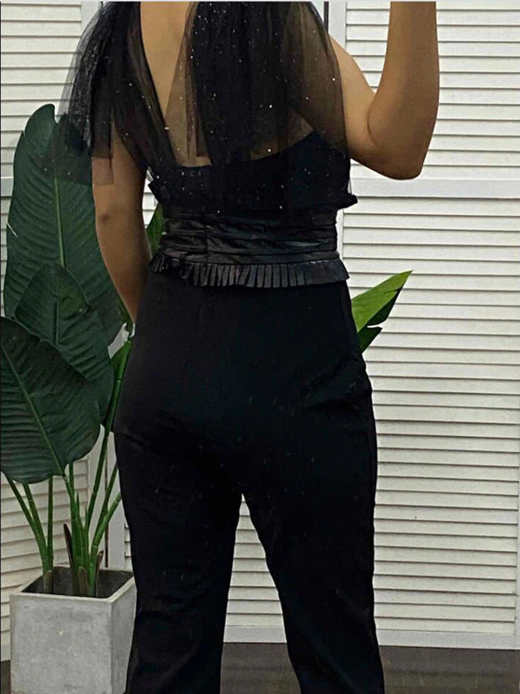 Glitter Mesh Deep V-Neck Patchwork Jumpsuit With PU Leather Belt