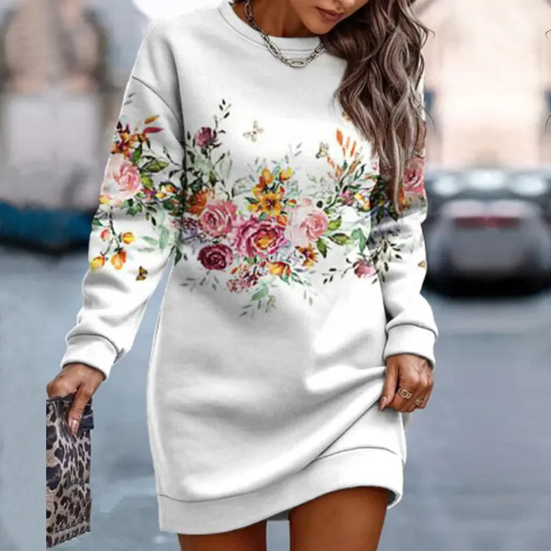 Casual Straight Pullover Retro Pattern Printed A-line Sweatshirt Dress