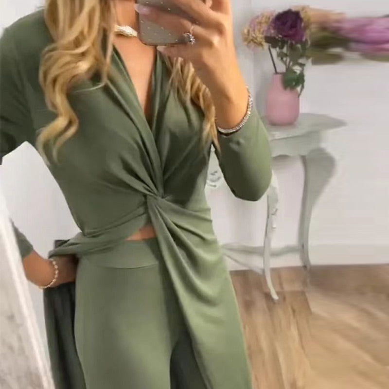 Stylish Casual Twist Draped V Neck Blouse And Pants Suit