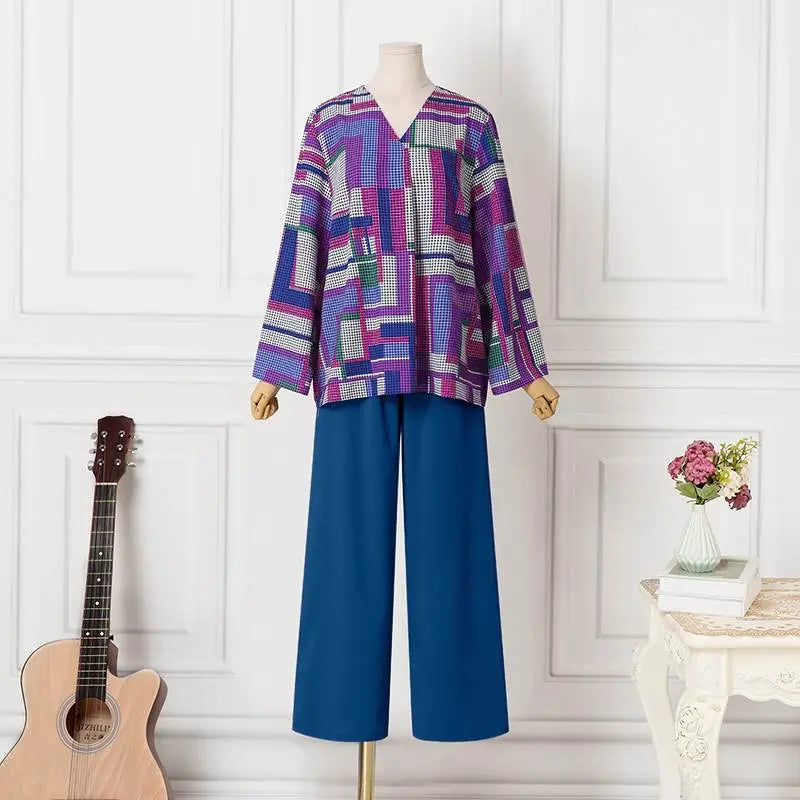 Vintage Printed Loose Sleeve Blouse And Wide Leg Pants Set