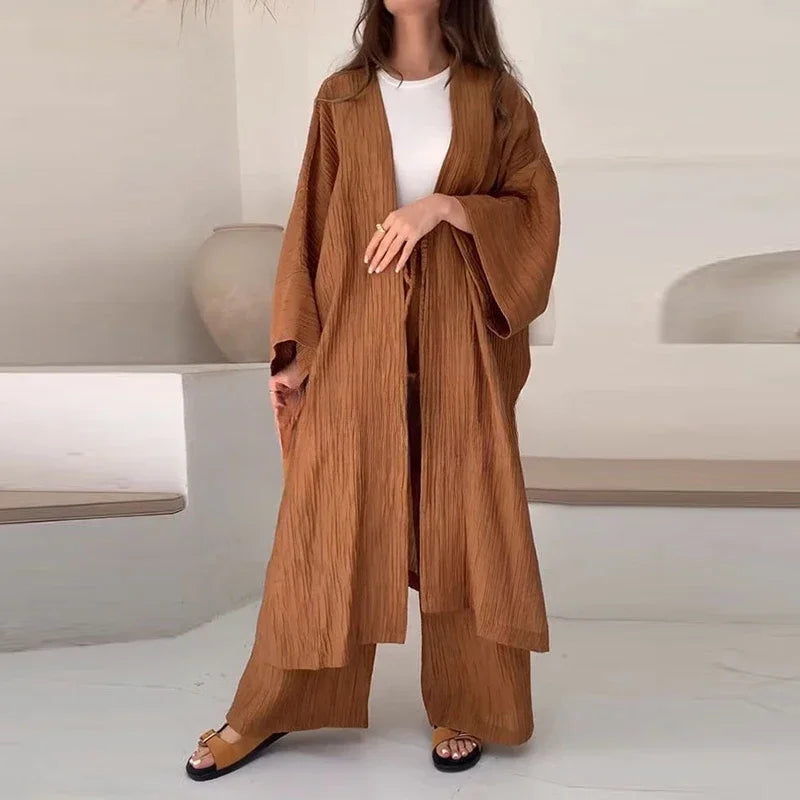 Pleated Texture Blouse And Straight Leg Pants Two-Piece Set