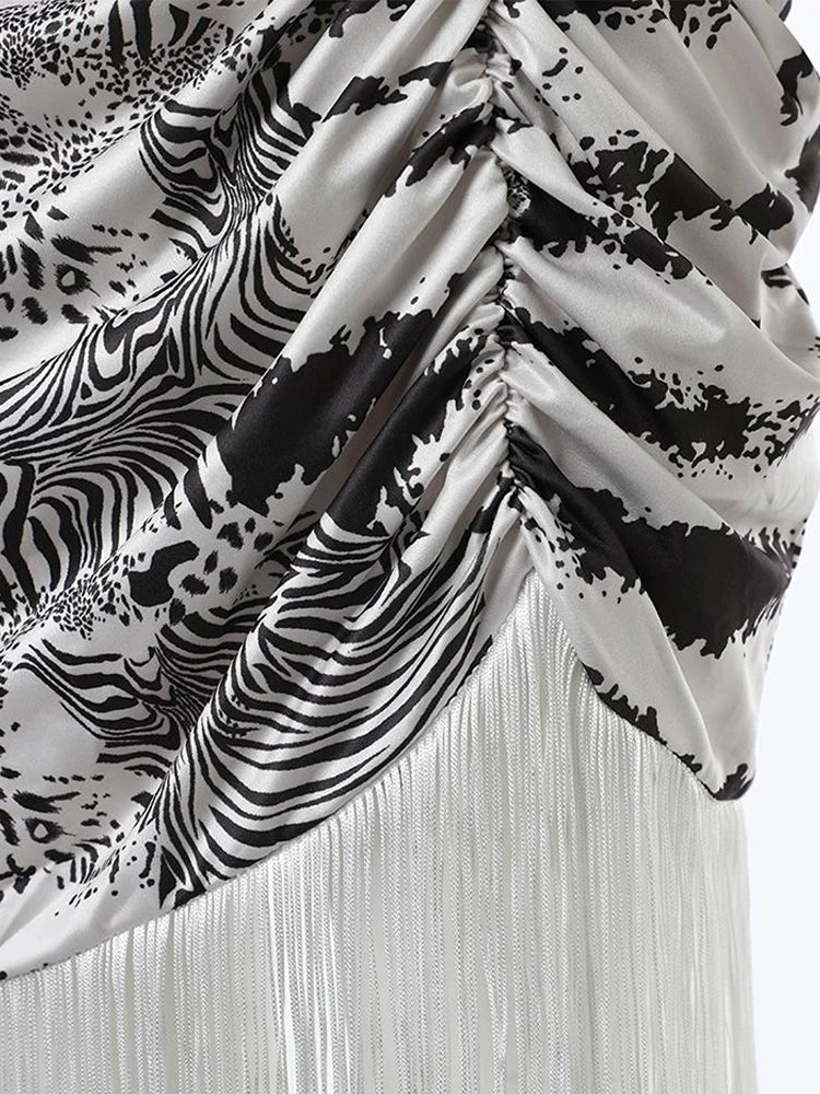Zebra Stripe Print Plunge Ruched Tassel Dress